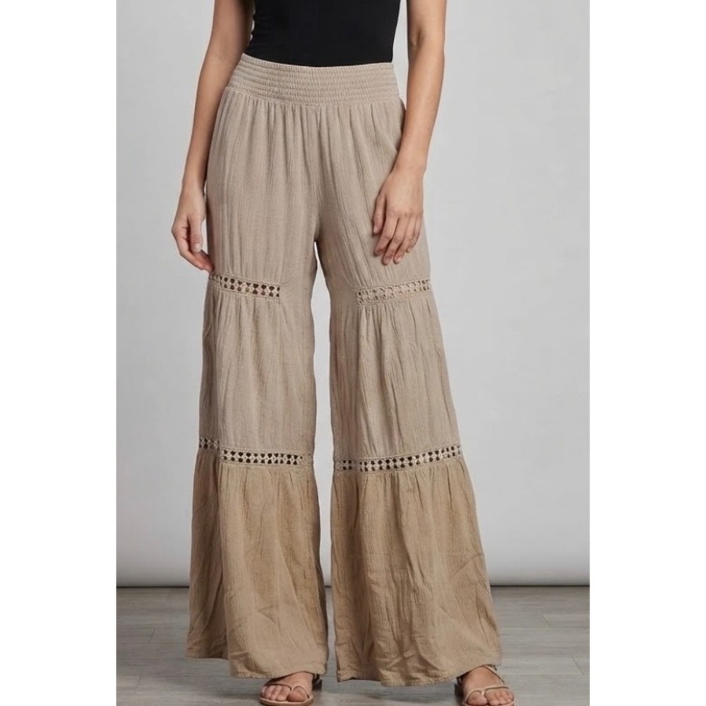 Angie Boho Wide Leg Crinkle Pants Tan Crochet Lace Tiered Elastic Waist Small